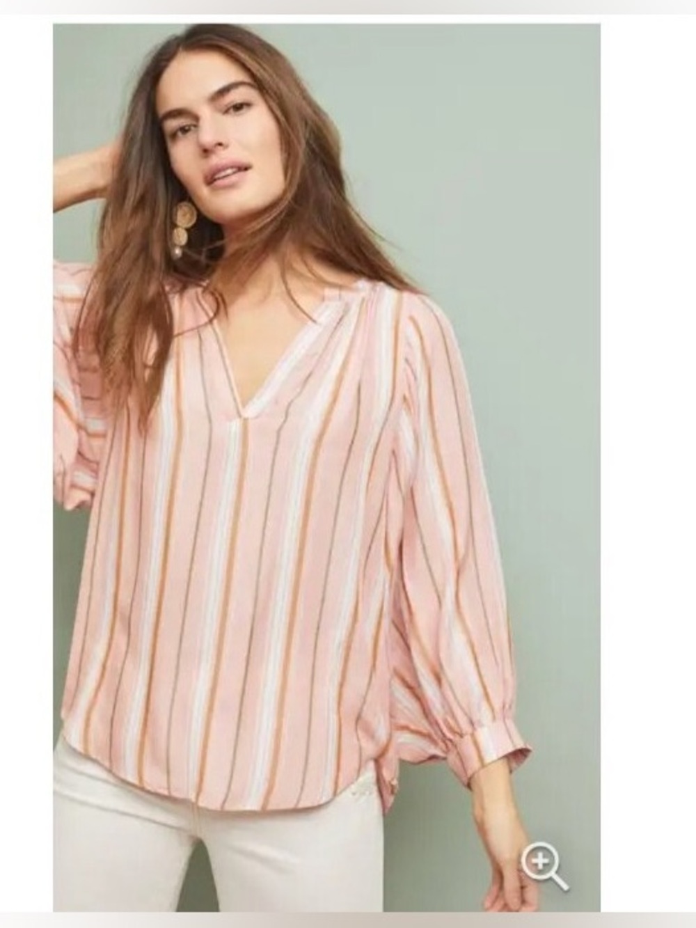 Maeve Pink, Tan & White Striped V-Neck Blouse